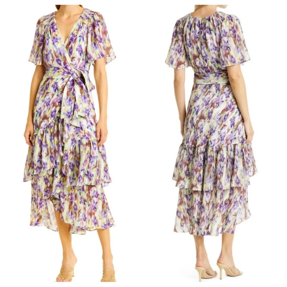 Tanya Taylor Brittany Tiered Wrap Midi-Dress in Painterly | 12 NWT